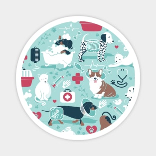 Veterinary medicine, happy and healthy friends // pattern // aqua background red details navy blue white and brown cats dogs and other animals Magnet